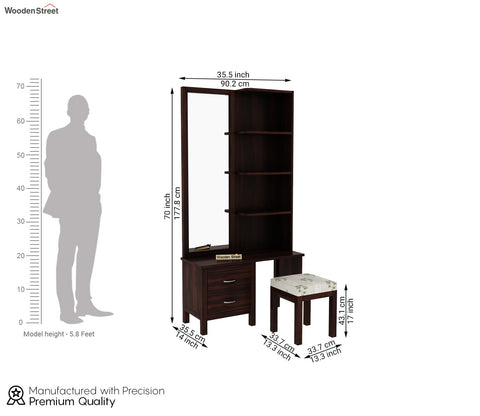 Edrina Sheesham Wood Dressing Table with Storage Drawers and Stool (Walnut Finish)