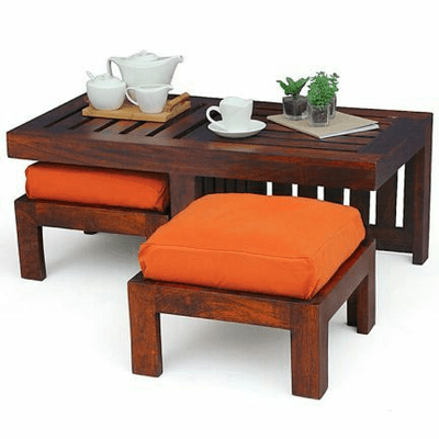 Trueliving Feel Wood Brown Table Stool (Table H 30 x W 34 x D 18 Stool H 18 x W 16 x D 14)