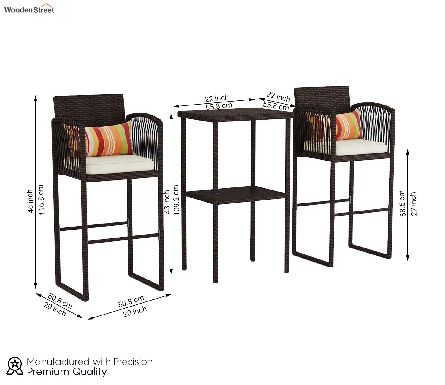 Dark Brown Rattan And Wicker Outdoor Bar Set With Cream Cushions