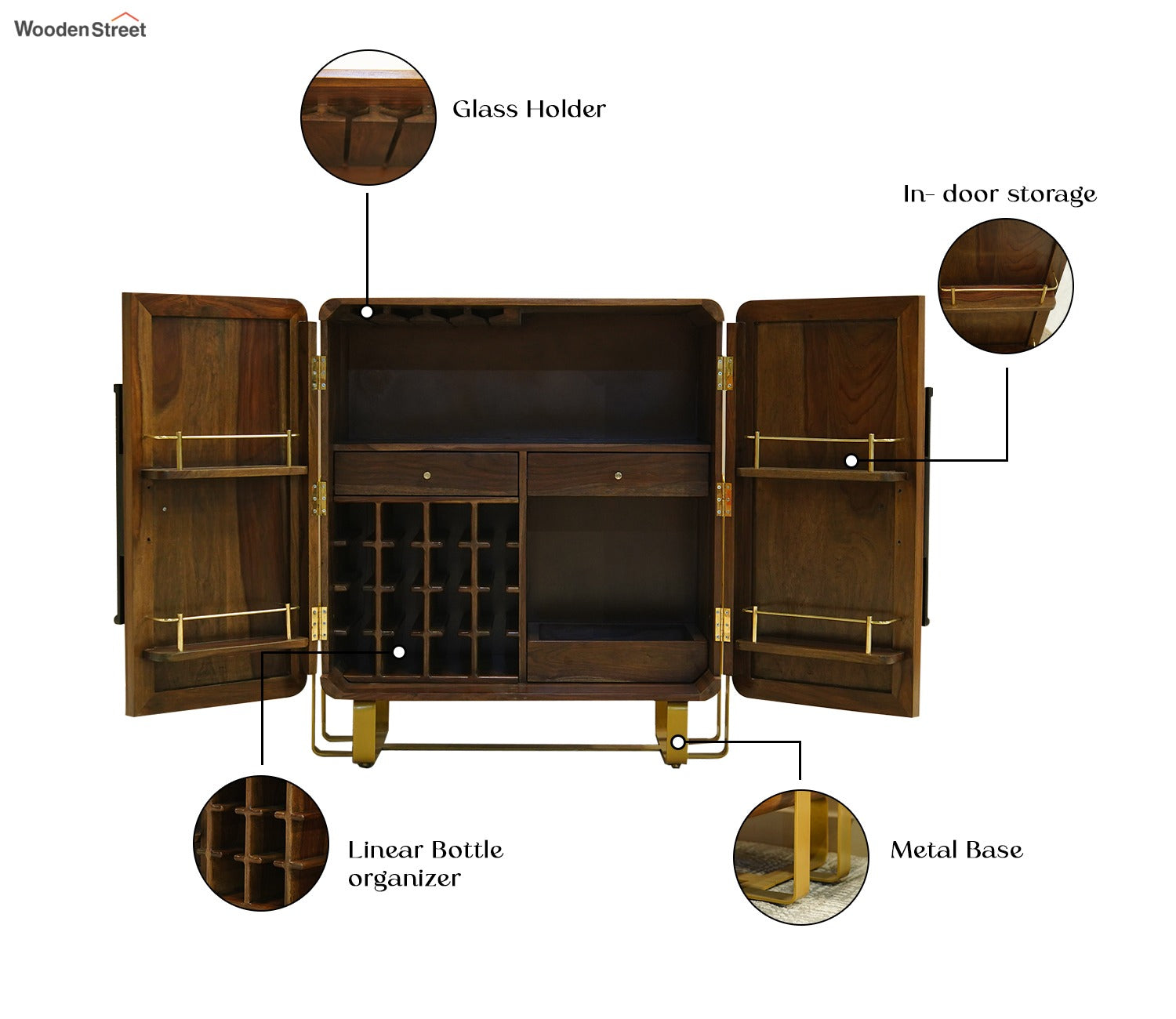 Arista Sheesham Wood Bar Cabinet with Cane and Brass Coated Iron Stand (Honey Finish)