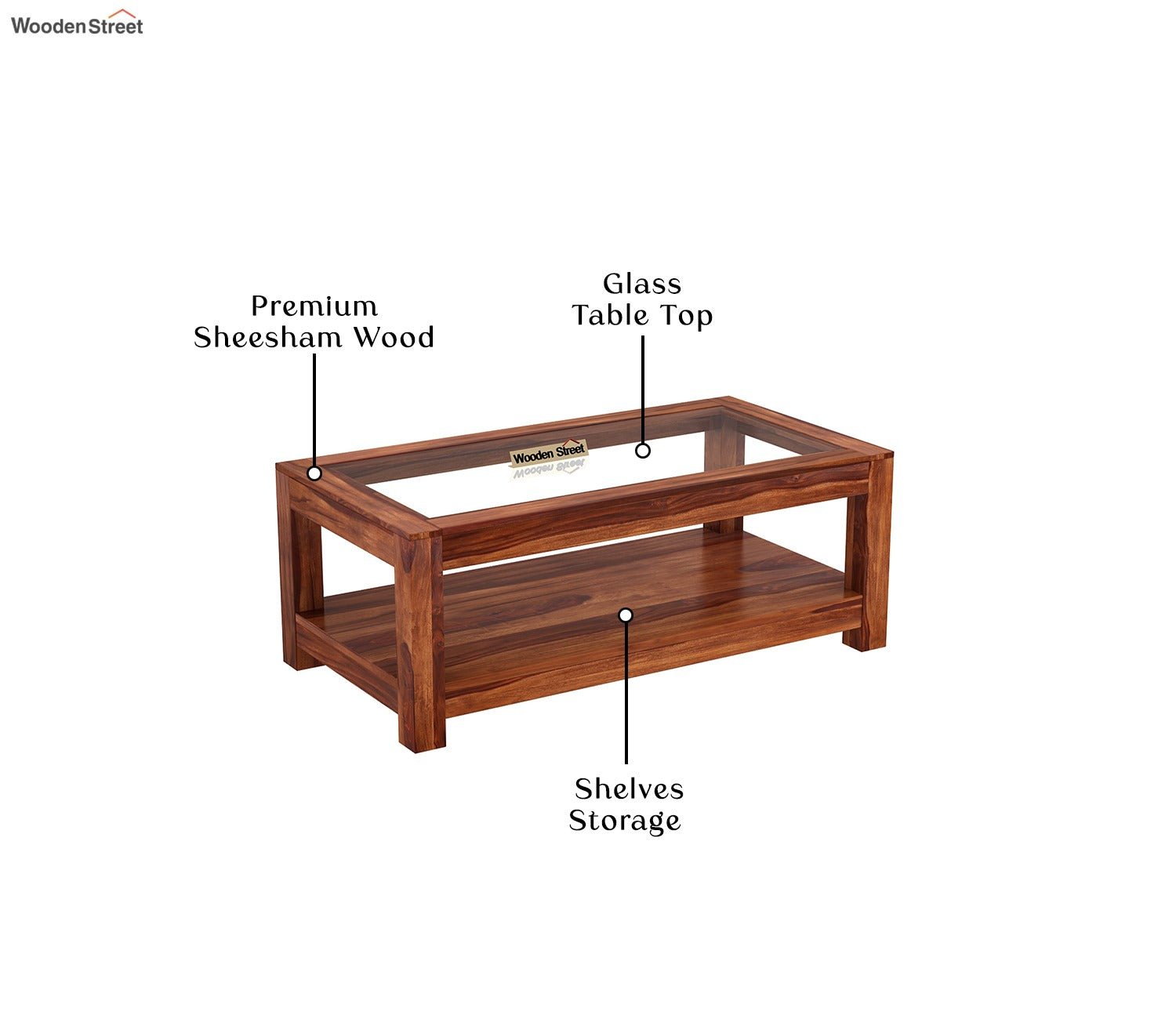 Arno Glass Top Coffee Table (Honey Finish) - Sheesham Wood, Open Storage Shelf, Pre-Assembled | Fits Standard 3-Seater Sofa