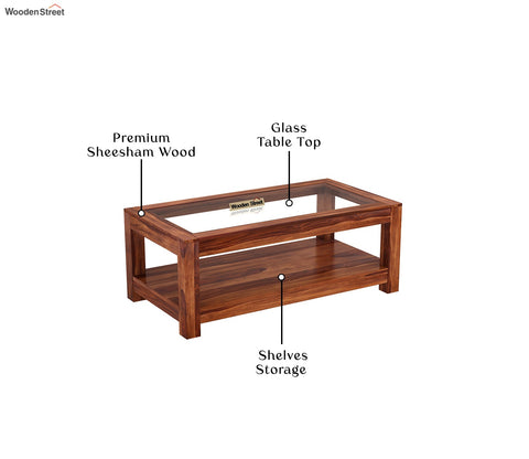 Arno Glass Top Coffee Table (Honey Finish) - Sheesham Wood, Open Storage Shelf, Pre-Assembled | Fits Standard 3-Seater Sofa