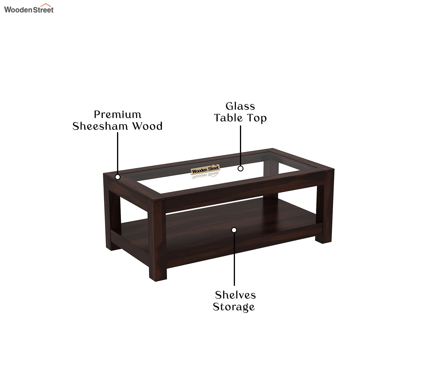 Arno Glass Top Coffee Table (Walnut Finish) - Sheesham Wood, Open Storage Shelf, Pre-Assembled | Fits Standard 3-Seater Sofa