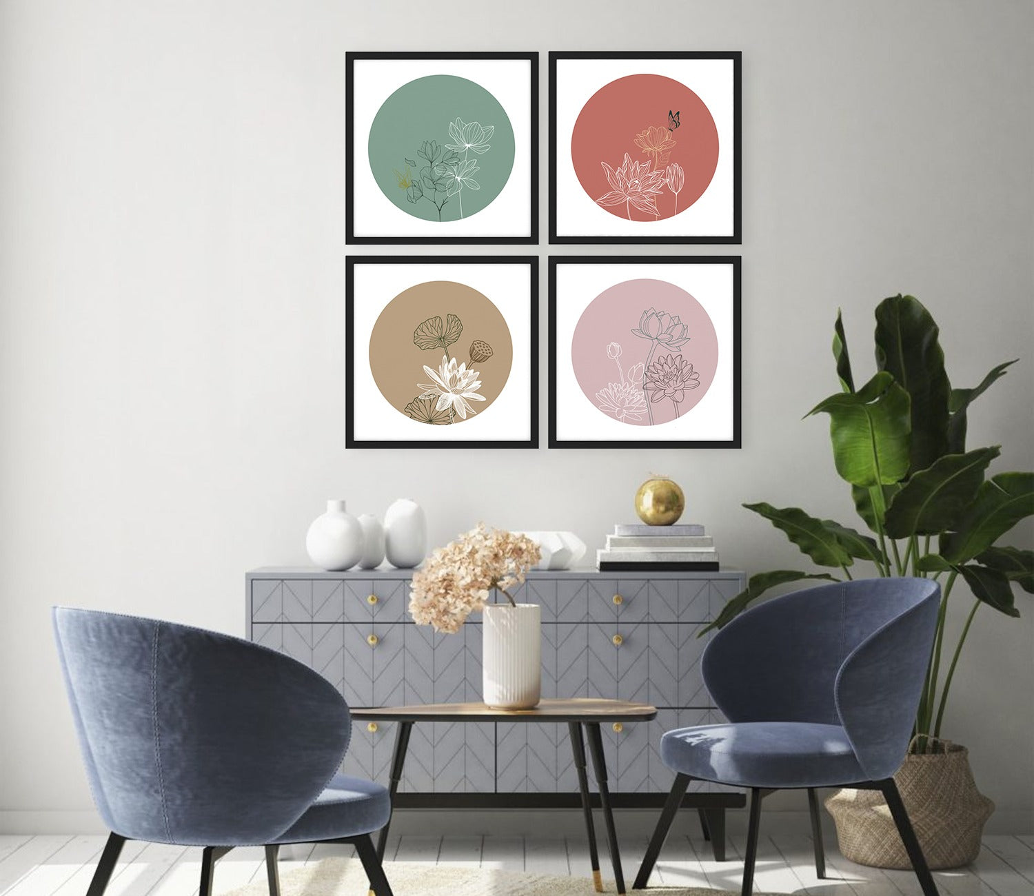 Ayana Blooming Contemporary Floral Art Set of 4 Wall Frame (Square, Black, 16x16 Inch, Matte Paper)