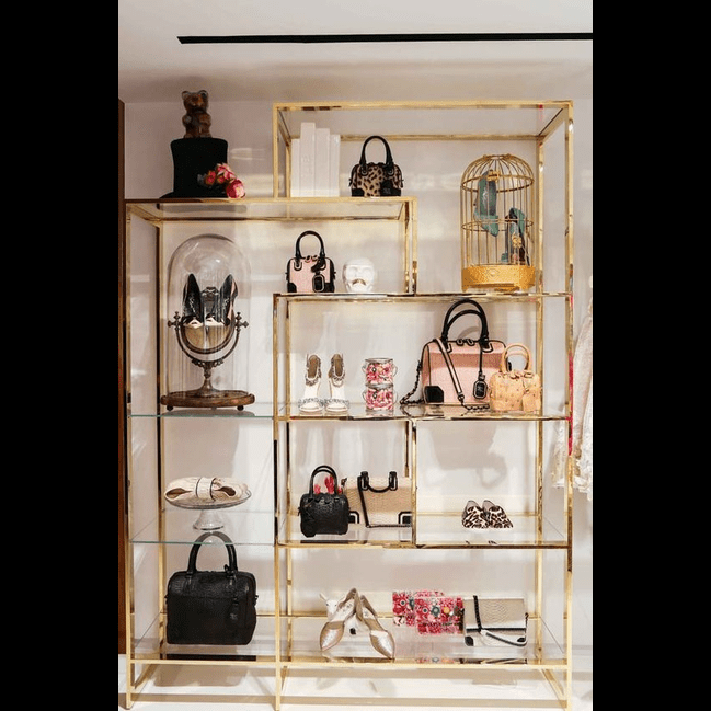 Trueliving Royal Golden Cosmetic shelves retail store cosmetic display rack with cabinet  L60*W30*H182 CM