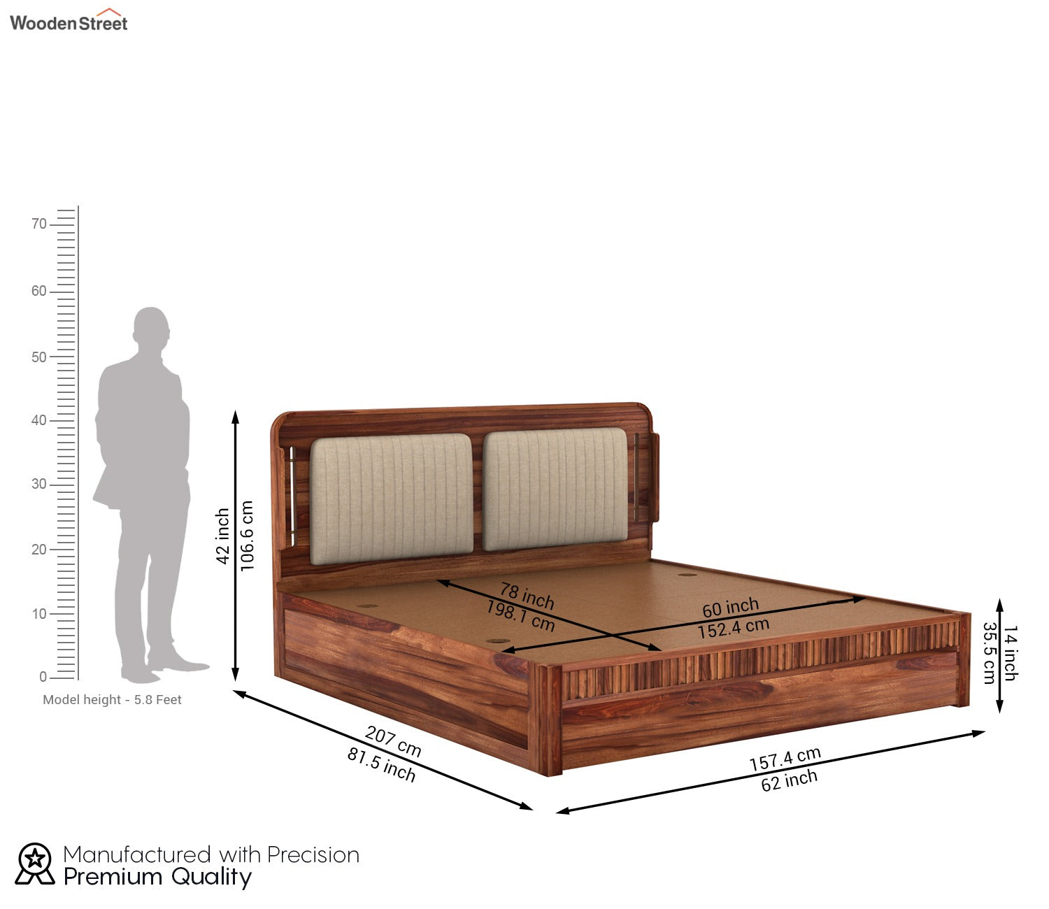 Lotus Premium Sheesham Wood Bed with Box Storage (Queen Size, Honey Finish)