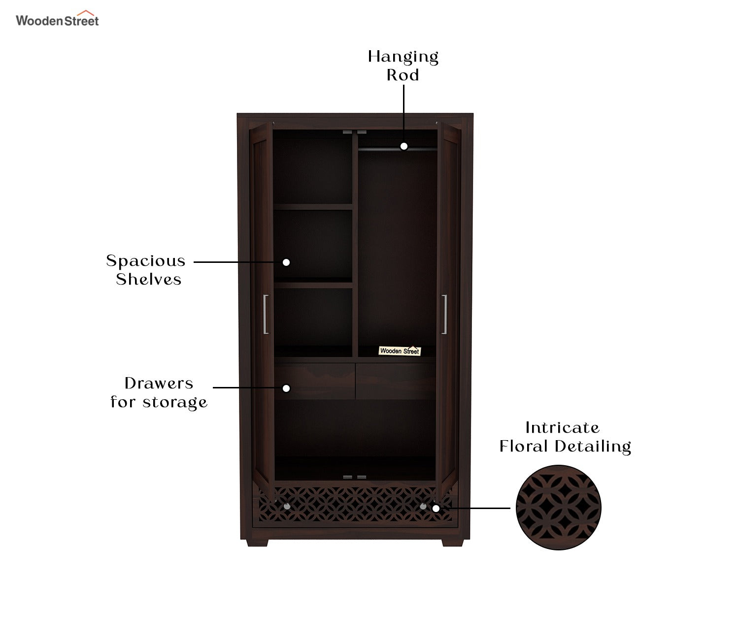 Cambrey Sheesham Wood Double Door Wardrobe (Walnut Finish)