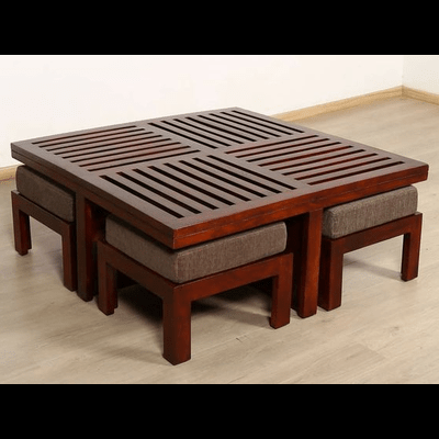 Trueliving Traditional Wood Brown Table Stool (Table H 30 x W 34 x D 18 Stool H 18 x W 16 x D 14)