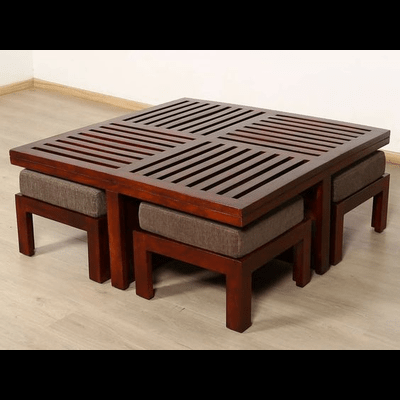 Trueliving Traditional Wood Brown Table Stool (Table H 30 x W 34 x D 18 Stool H 18 x W 16 x D 14)