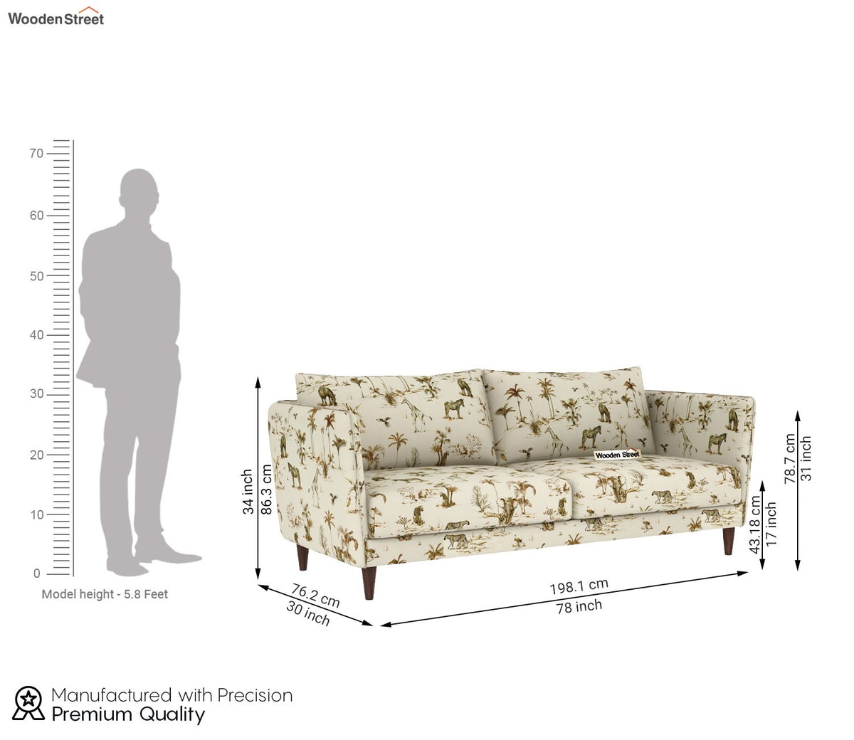 Oxford 3 Seater Fabric Sofa (Cotton, Cream Forest)