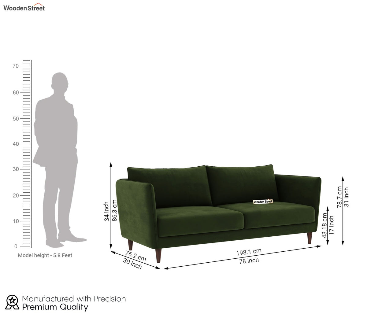 Oxford 3 Seater Fabric Sofa (Velvet, Olive Green)
