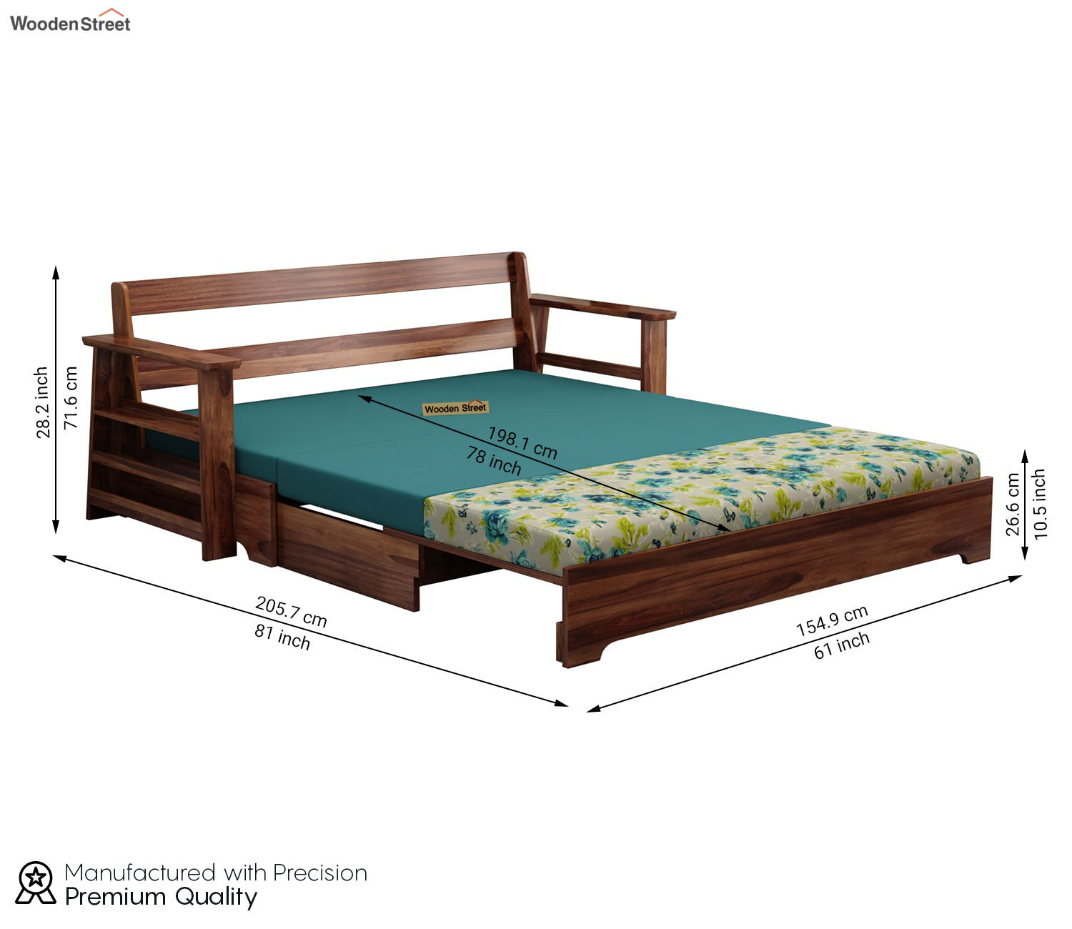 Della Sheesham Wood Sofa Cum Bed With Armrests (Honey Teal Aqua Marine)
