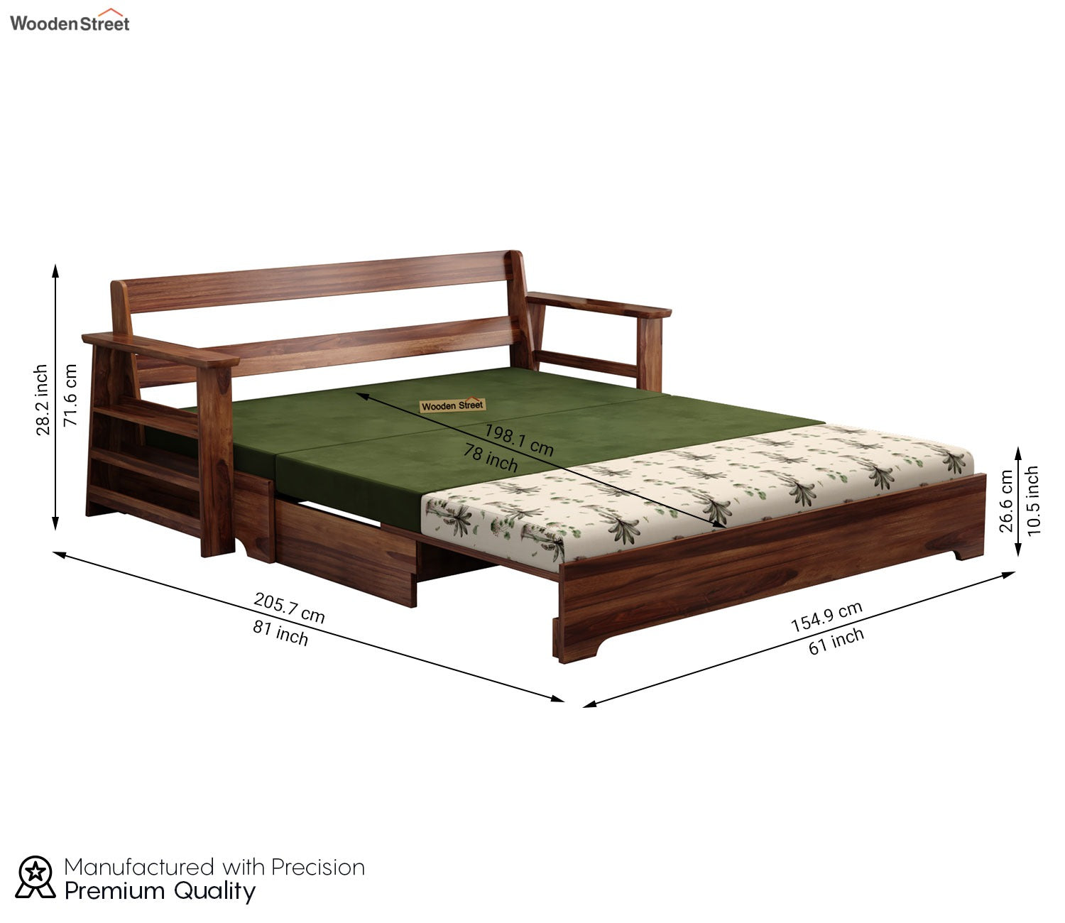 Della Sheesham Wood Sofa Cum Bed With Armrests (Honey Cream Tropical)