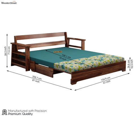 Della Sheesham Wood Sofa Cum Bed With Armrests (Honey Teal Aqua Marine)