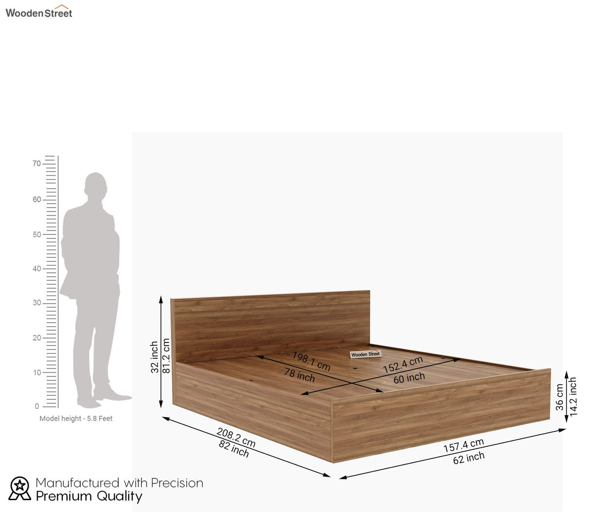 Clemency Bed With Hydraulic Storage (Queen Size, Columbian Walnut Finish)