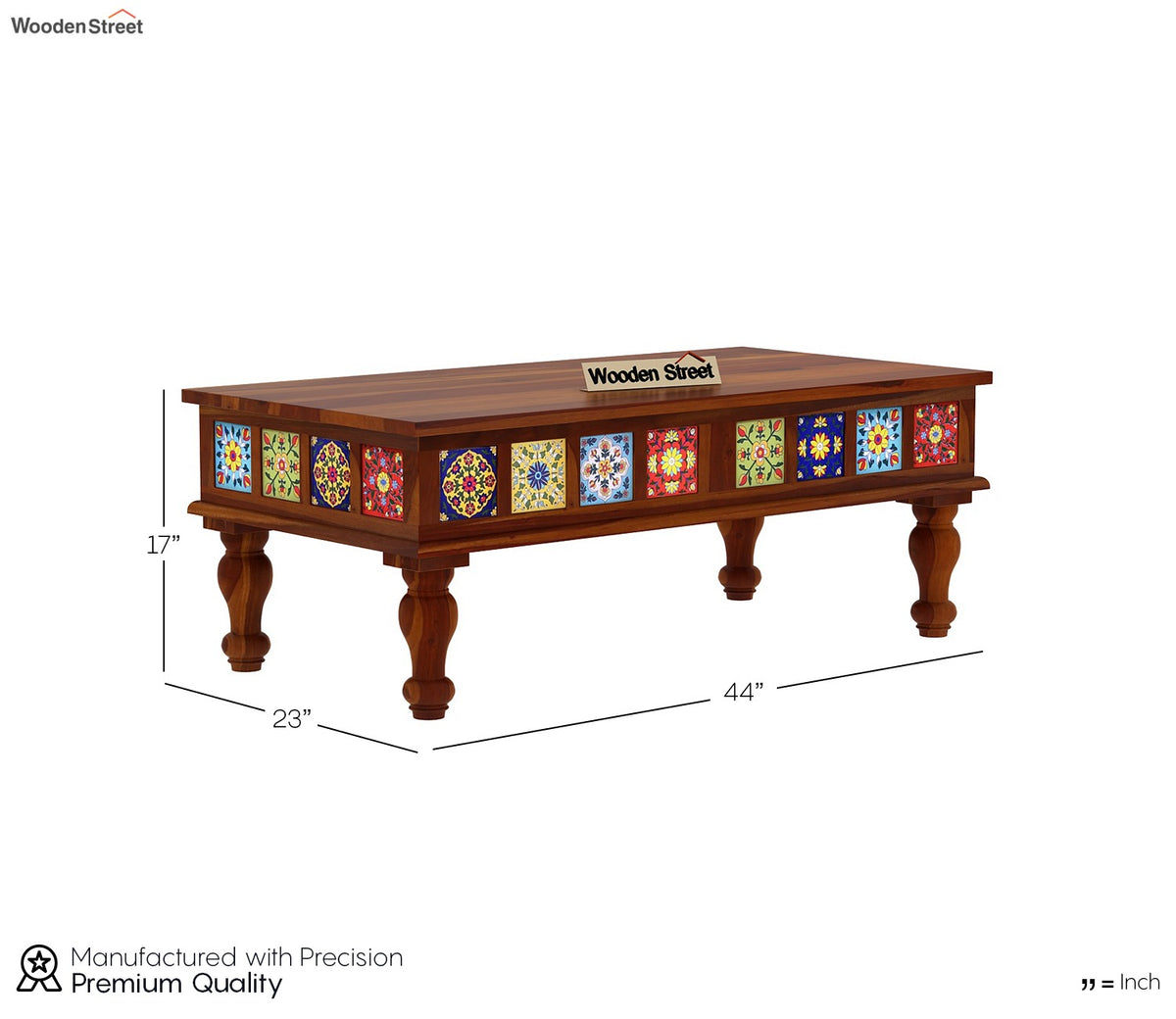Boho Sheesham Wood Coffee Table with Ceramic Tiles (Honey Finish)