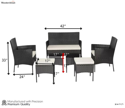 Black Rattan And Wicker 6 Seater Patio Set With Table And off White Cushions