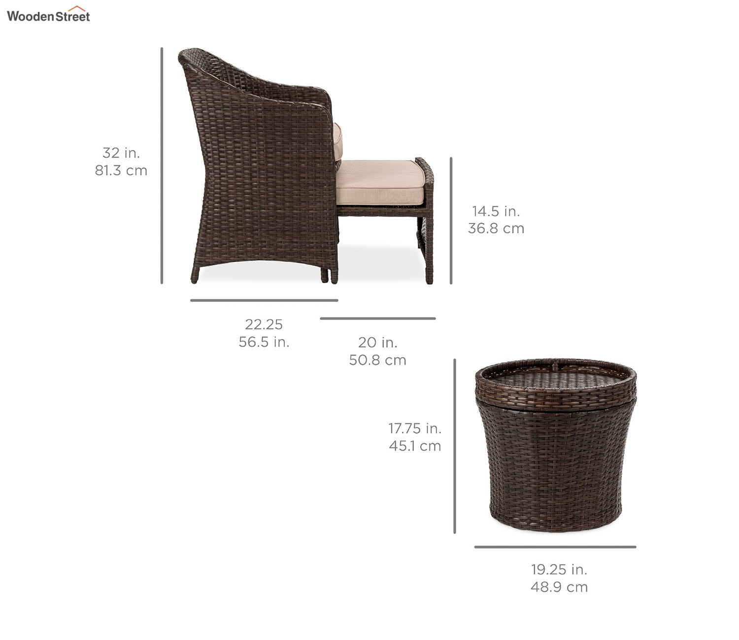 Dark Brown Rattan And Wicker 2 Seater Patio Set With Table And Cream Cushions