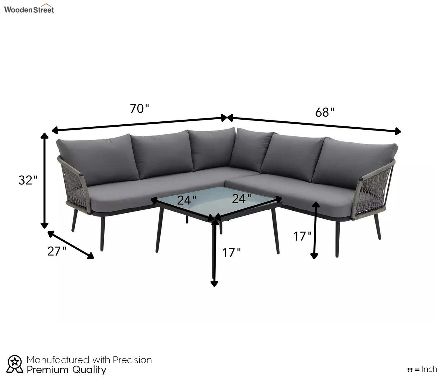 Dark Grey Rope L Shape Sofa Set With Table And Grey Cushions