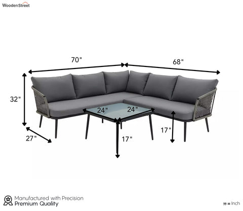 Dark Grey Rope L Shape Sofa Set With Table And Grey Cushions