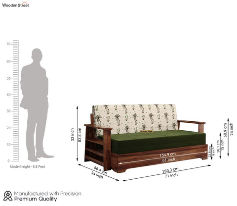 Della Sheesham Wood Sofa Cum Bed With Armrests (Honey Cream Tropical)