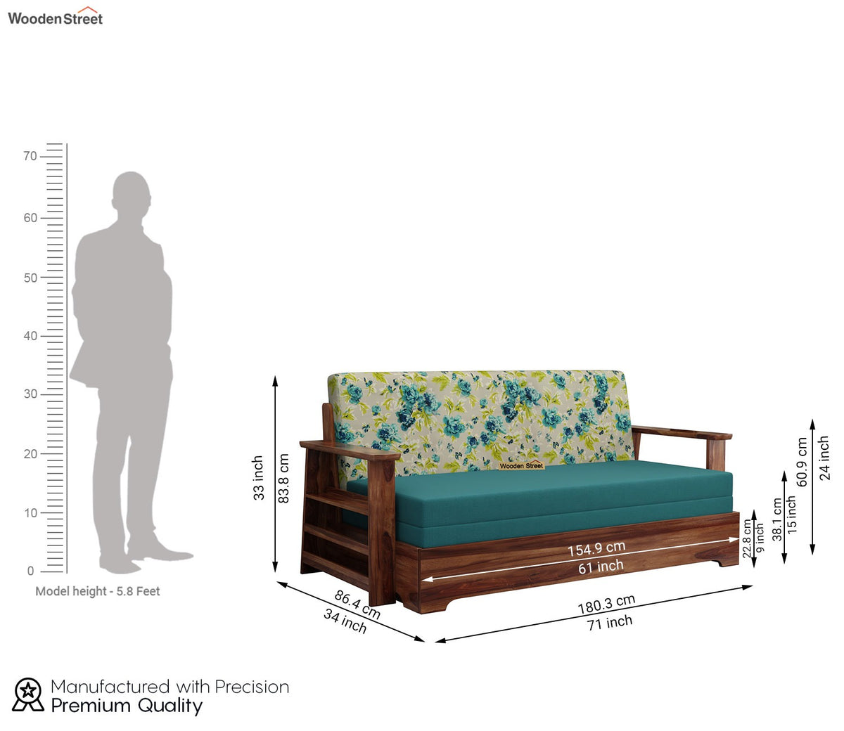 Della Sheesham Wood Sofa Cum Bed With Armrests (Honey Teal Aqua Marine)