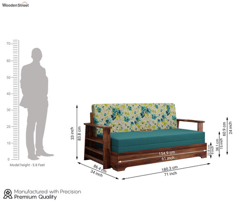 Della Sheesham Wood Sofa Cum Bed With Armrests (Honey Teal Aqua Marine)