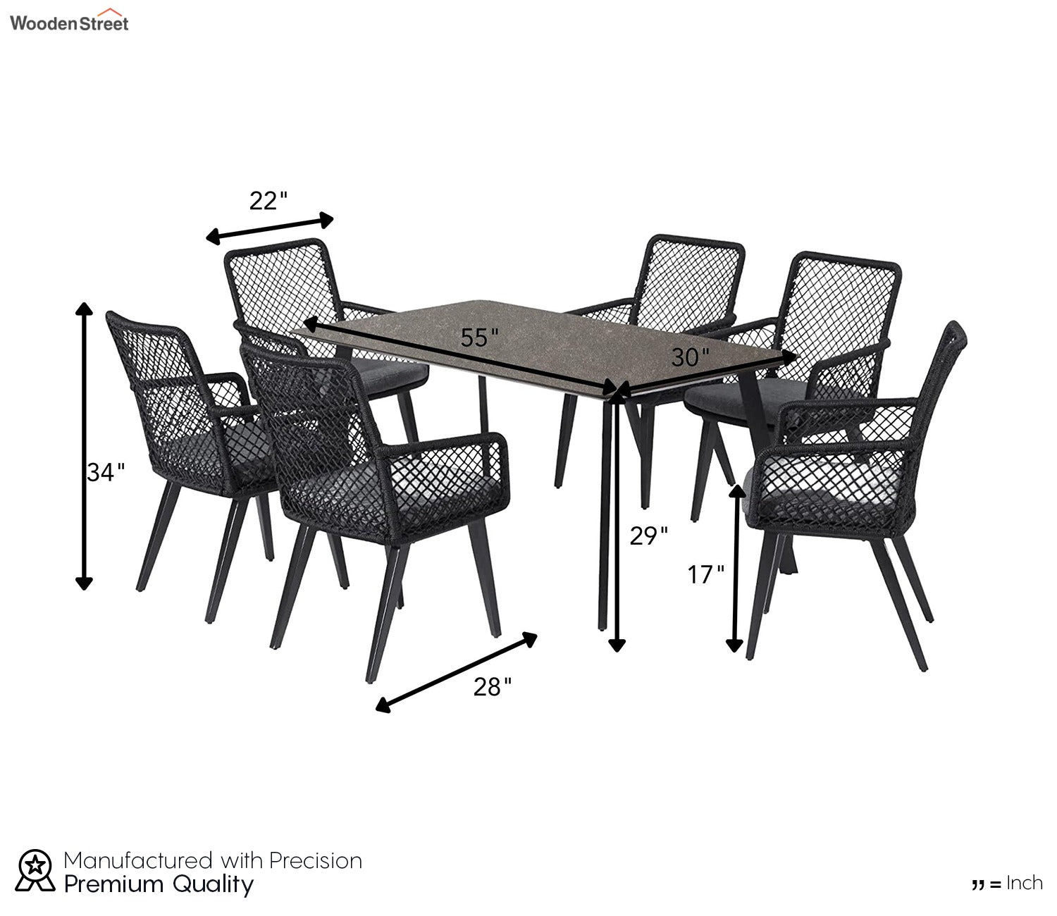 Black 6 Seater Dining Set With Table And Grey Cushions