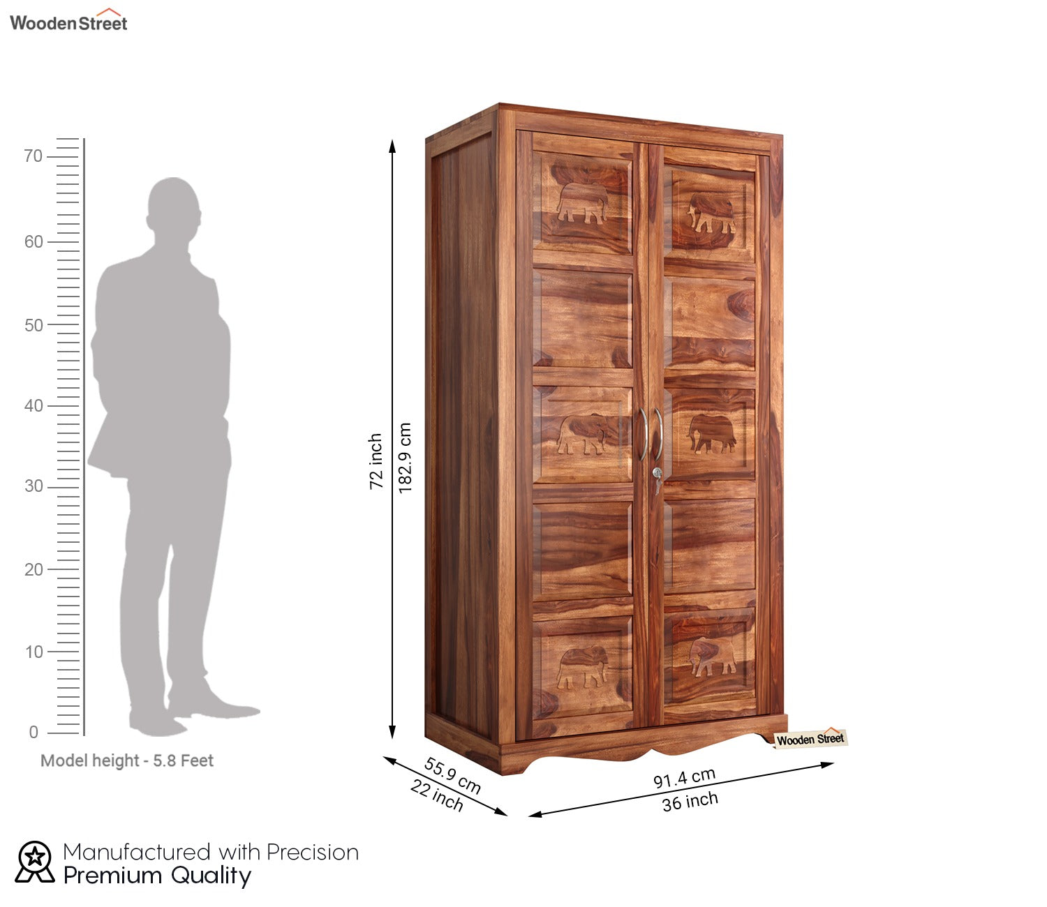 Emboss 2 Door Multi Utility Wooden Wardrobe (Honey Finish)