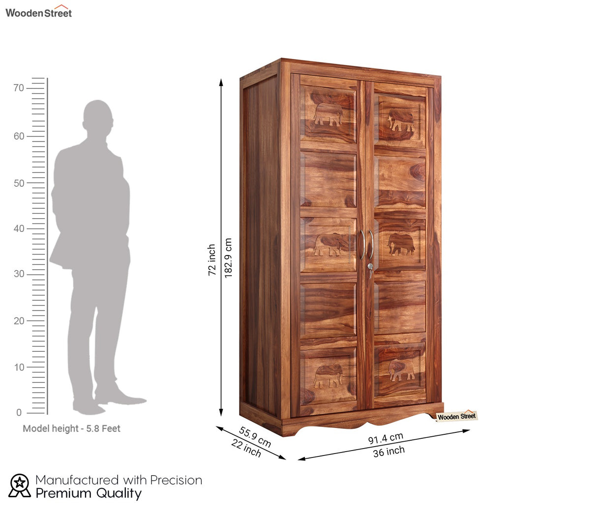 Emboss 2 Door Multi Utility Wooden Wardrobe (Honey Finish)