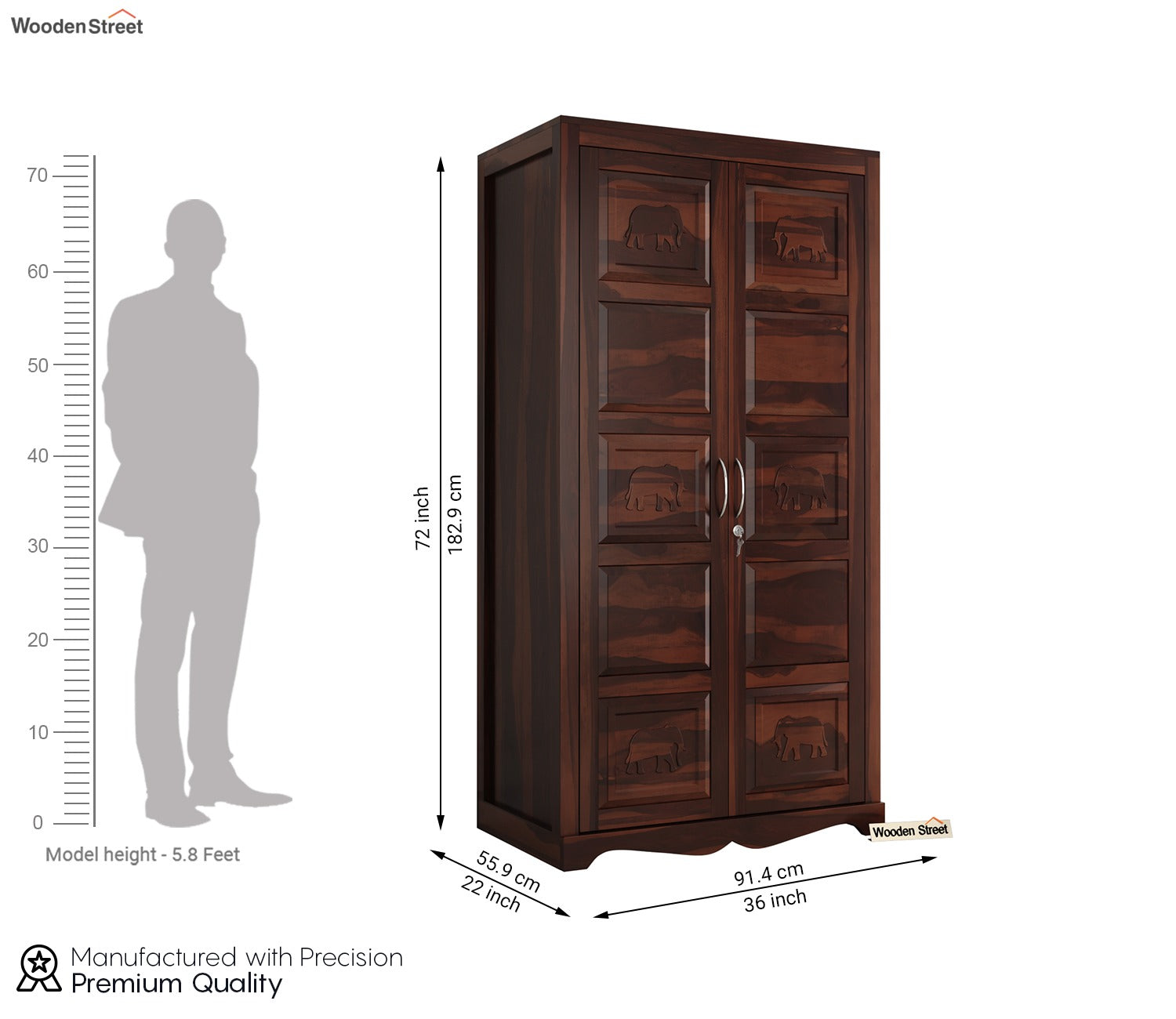 Emboss 2 Door Multi Utility Wooden Wardrobe (Walnut Finish)