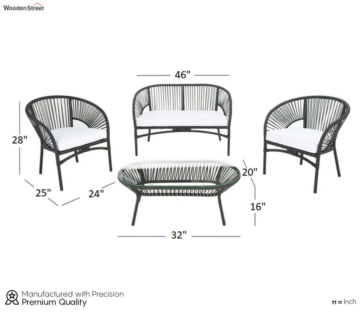 Black Rope 4 Seater With Table And Off-White Cushions