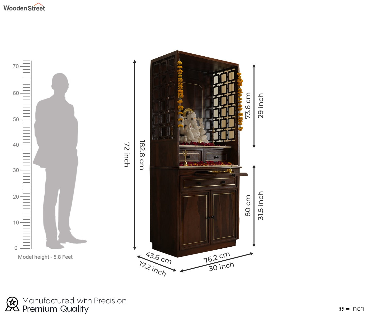 Daivik Sheesham Wood Home Temple with Brass Detailing (Teak Finish)