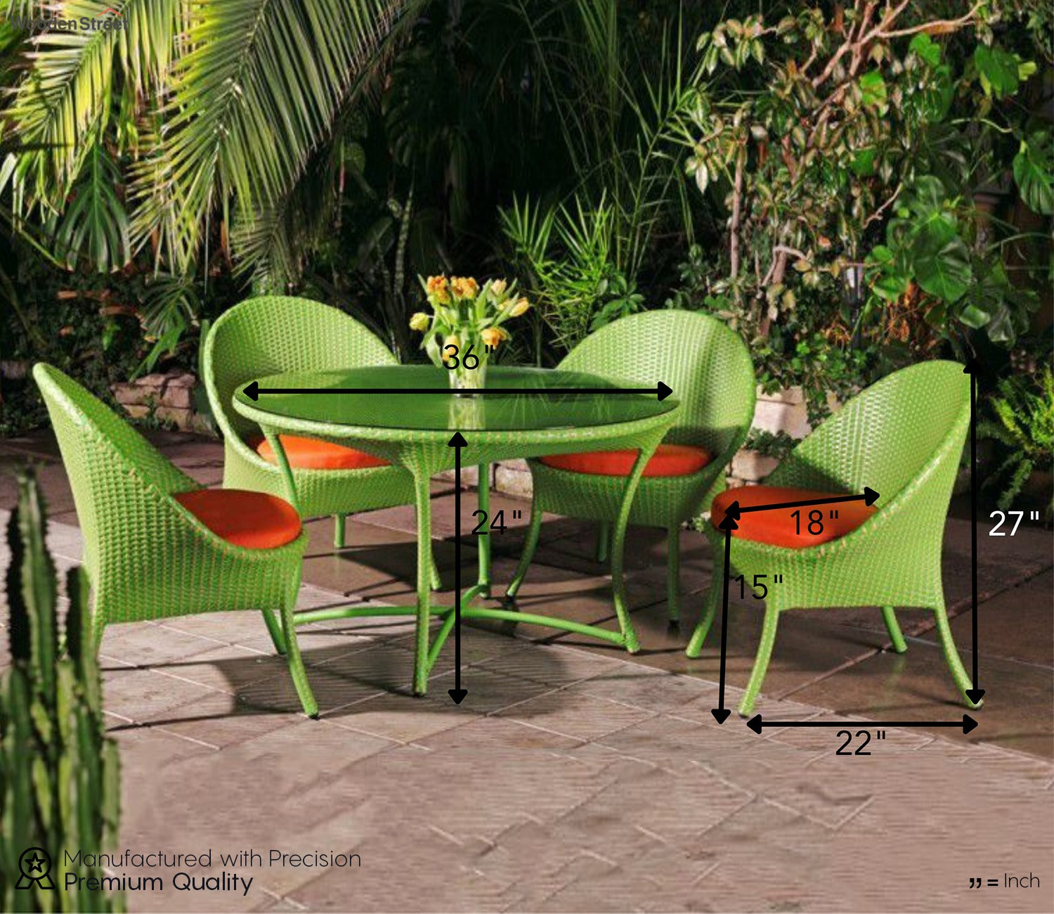 Green And Beige Wicker And Rattan 4 Seater Dining Set With Orange Cushions