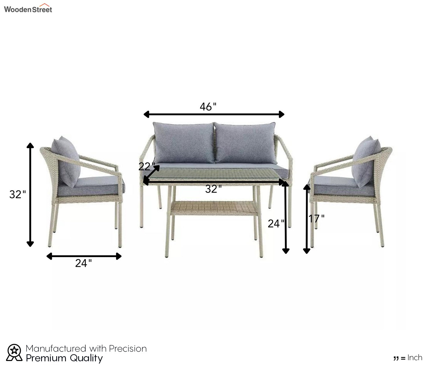 Silver Grey Rattan And Wicker 4 Seater Patio Set With Table And Grey Cushions