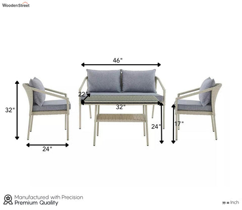 Silver Grey Rattan And Wicker 4 Seater Patio Set With Table And Grey Cushions
