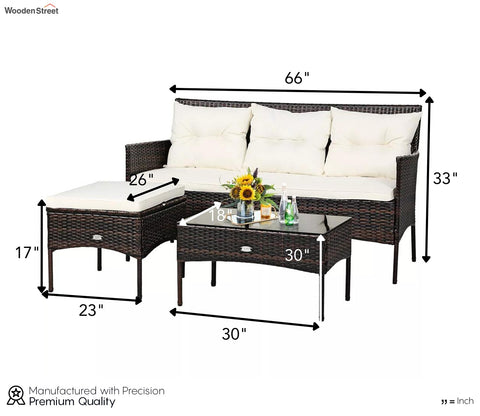 Dark Brown Rattan And Wicker Outdoor Sofa Set With Cream Cushions And Table