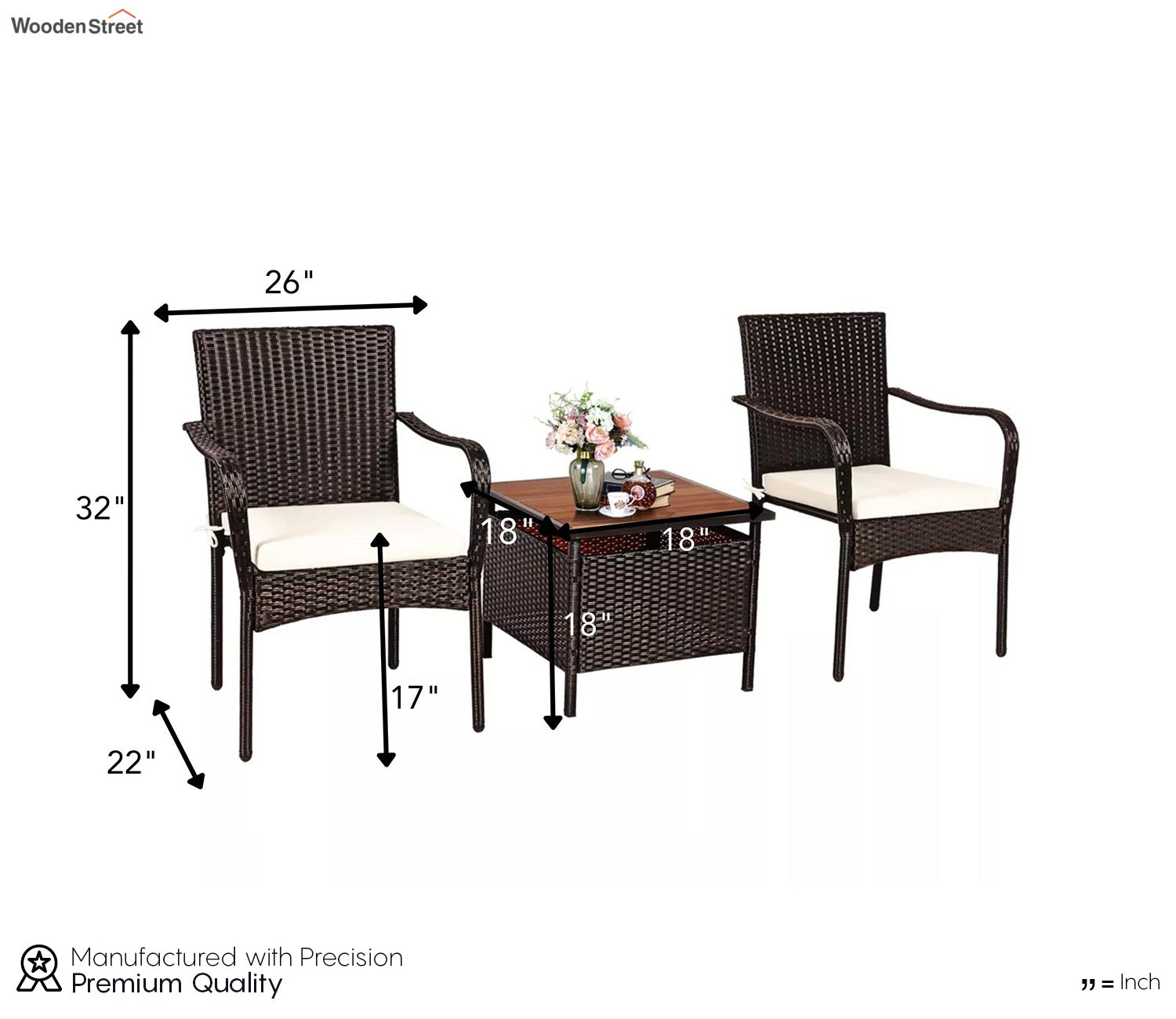Dark Brown Rattan And Wicker 2 Seater Chair Set With Square Table And Cream Cushions