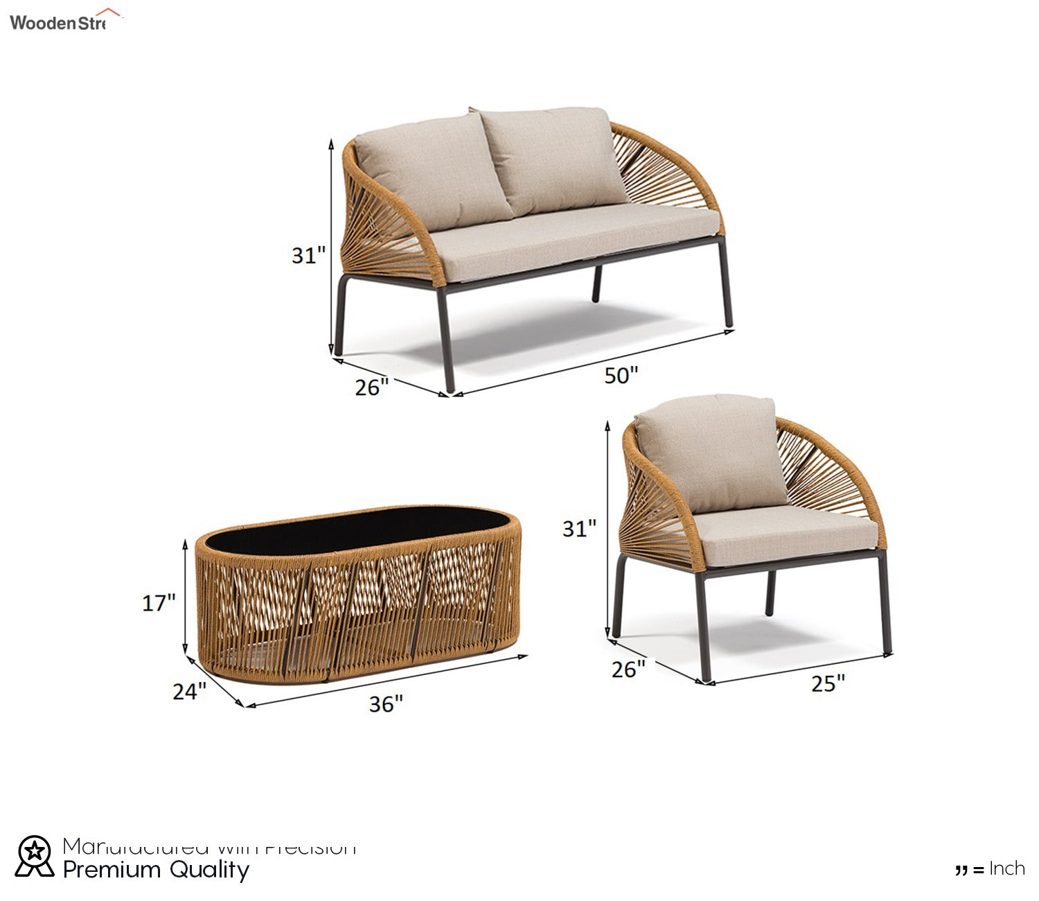 Golden Rope 4 Seater Sofa Set With Table And Off White Cushions