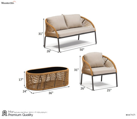 Golden Rope 4 Seater Sofa Set With Table And Off White Cushions