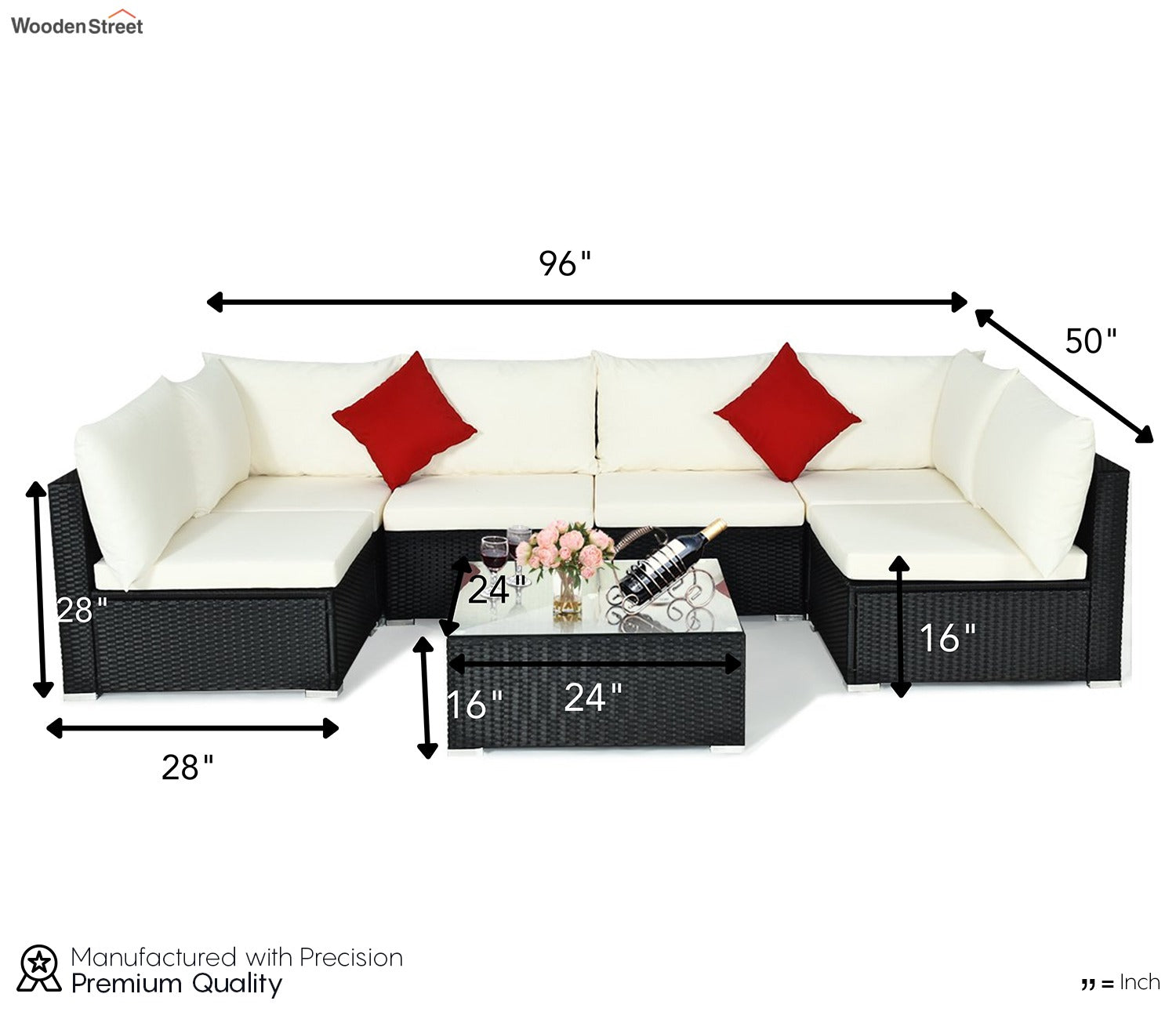 Black Rattan And Wicker 6 Seater Sofa Set With Table And White Cushions