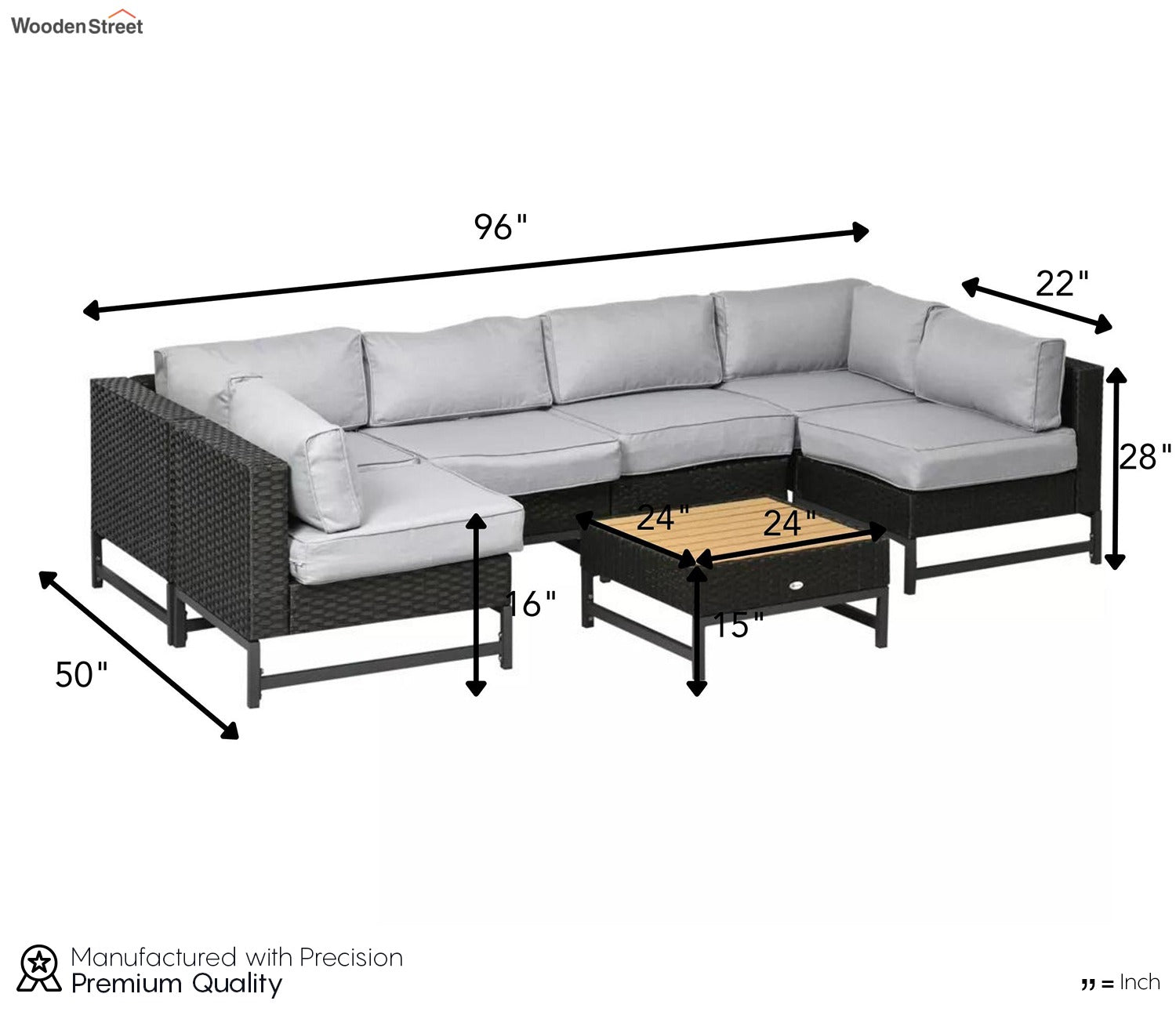 Black Rattan And Wicker 6 Seater Sofa Set With Table And Grey Cushions