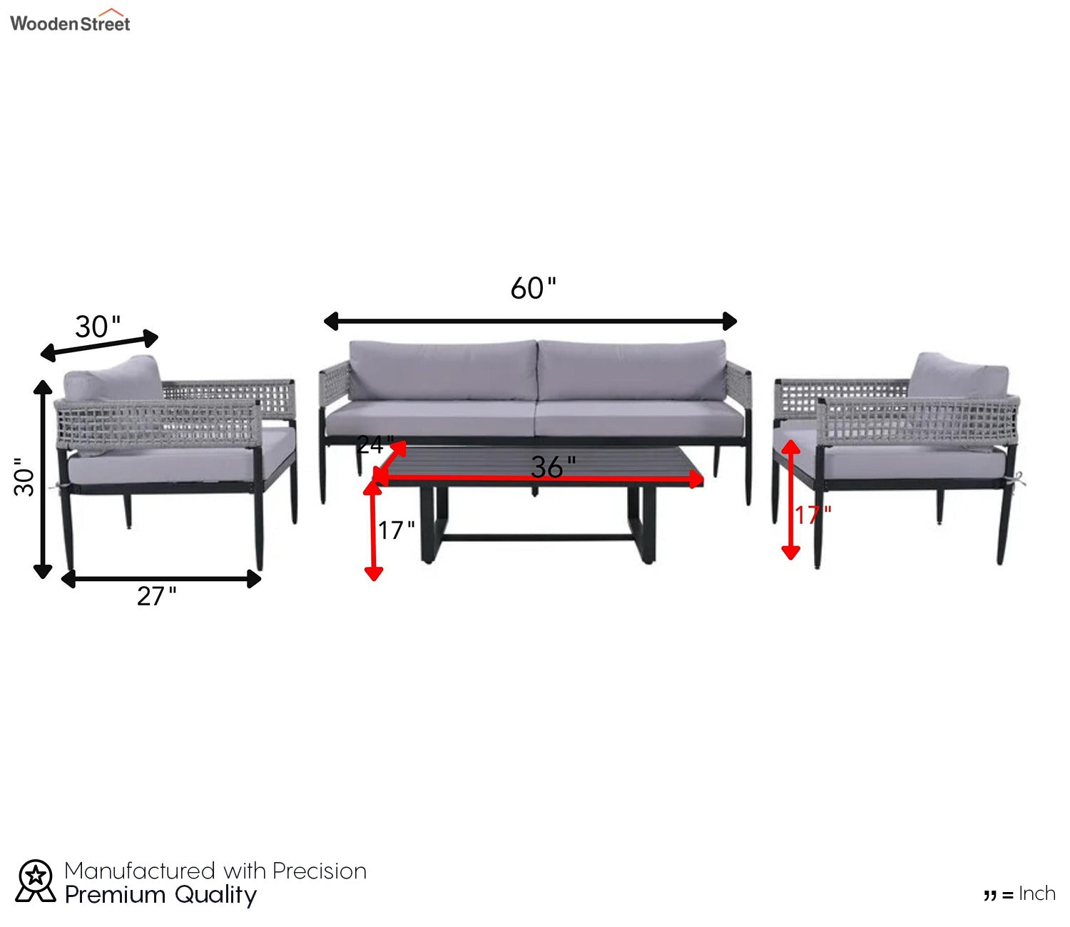 Grey Rope 4 Seater Sofa Set With Table And Grey Color Cushions