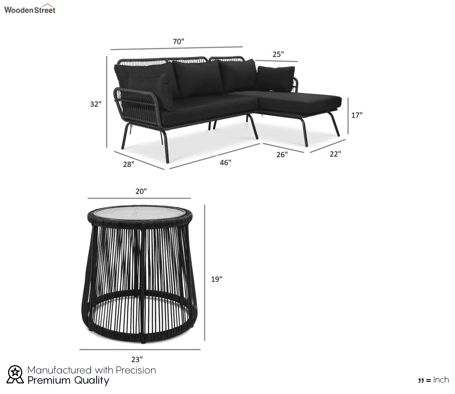 Black Detachable L Shaped Rope Outdoor Sofa with Table and Black Cushion Set