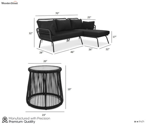 Black Detachable L Shaped Rope Outdoor Sofa with Table and Black Cushion Set