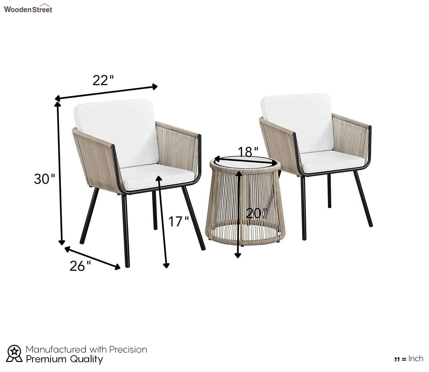 Beige Rope 2 Seater Chair Set With Table And White Cushions