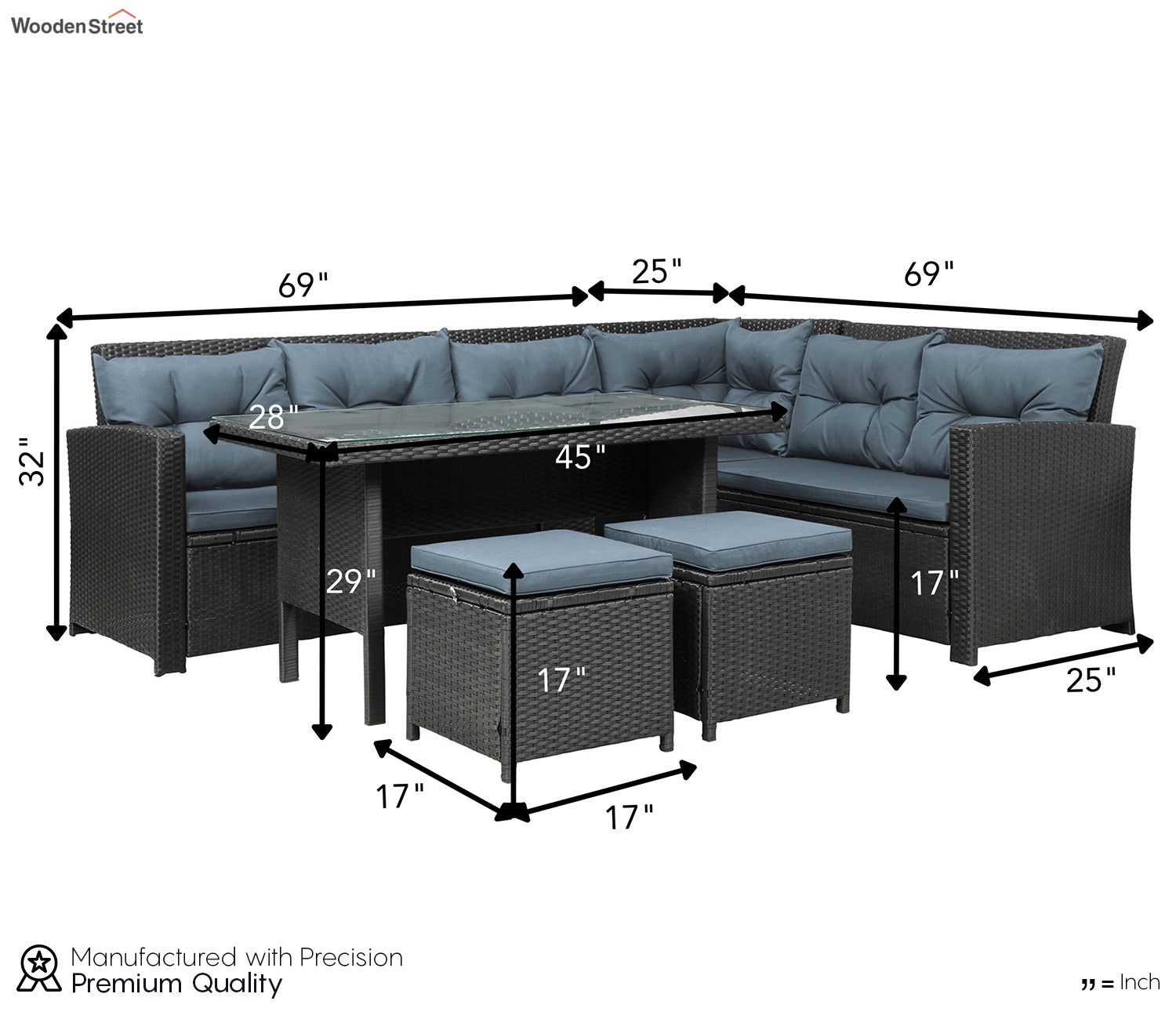 Black Rattan And Wicker 8 Seater Patio Set With Table And Grey Cushions