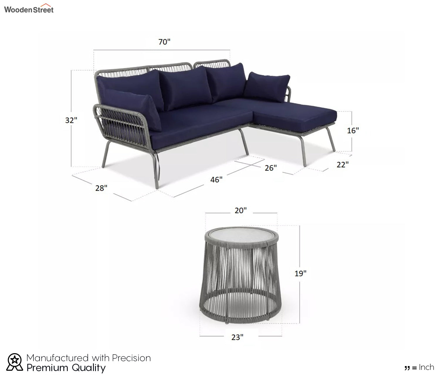 Grey Detachable L Shaped Rope Outdoor Sofa with Table and Dark Blue Cushion Set