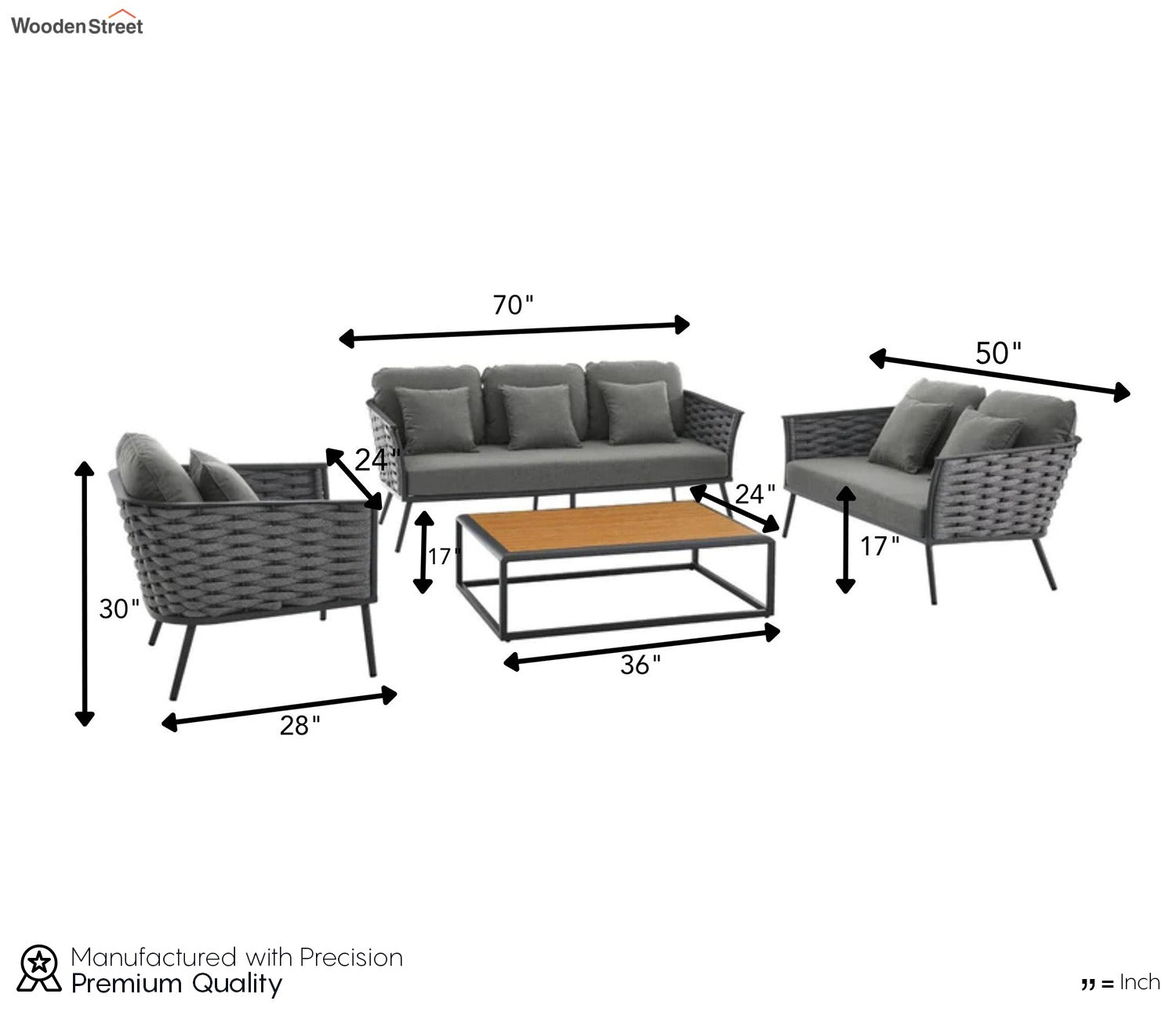 Grey Rope 6 Seater Sofa Set With Rectangle Table And Grey Cushions