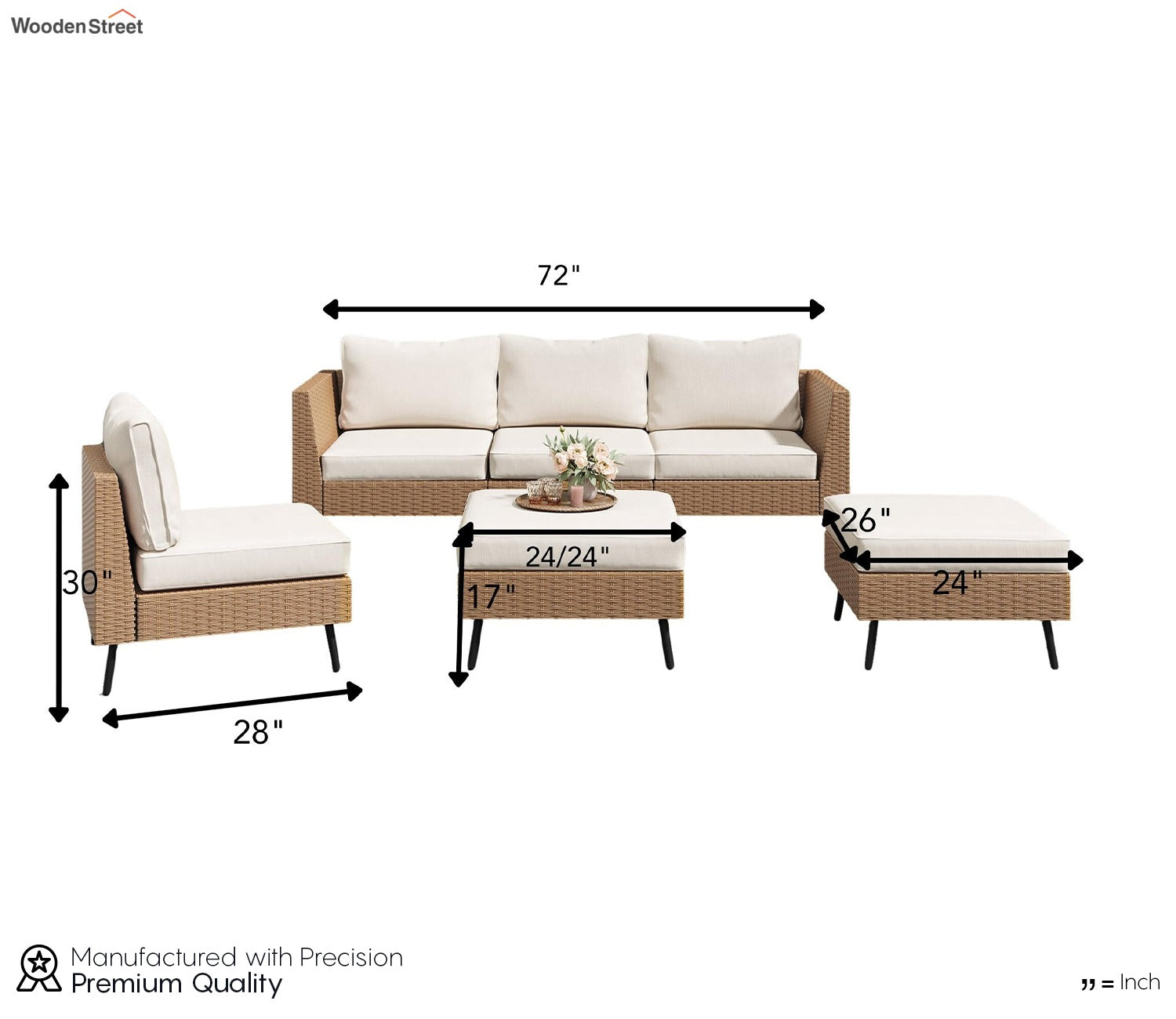 Beige Rattan And Wicker 5 Seater Patio Set With Table And Off White Cushions